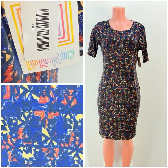 LuLaRoe Julia Dress Large Color Multicolor Stretch Knee Length Comfy - Picture 1 of 13